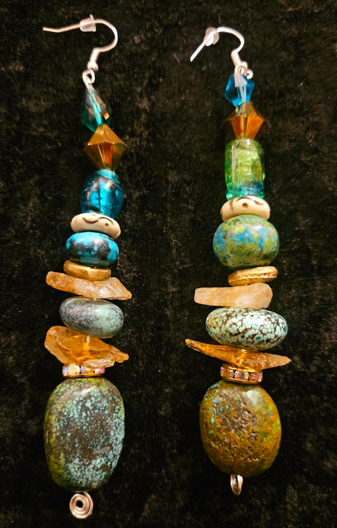 Hubei Turquoise and Gemstone Long Drop Pierced Earrings - Blue Gold and Green Mixed Media Shoulder Dusters - Cowgirl Jewelry - Kat Kouture Designs