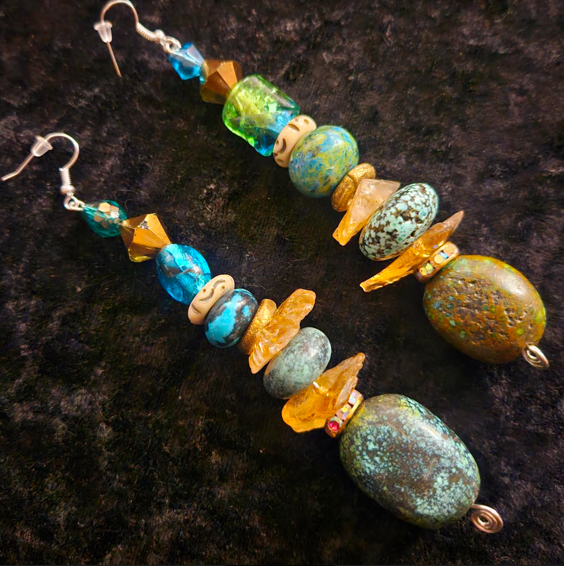 Hubei Turquoise and Gemstone Long Drop Pierced Earrings - Blue Gold and Green Mixed Media Shoulder Dusters - Cowgirl Jewelry - Kat Kouture Designs