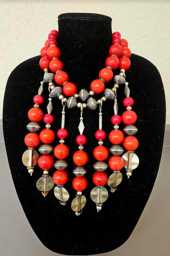 Red Magnesite Faux Crystal & Tribal Bicone Beaded Drop Pierced Earrings - Red and Silver Dangle Ear Candy - Kat Kouture Jewelry