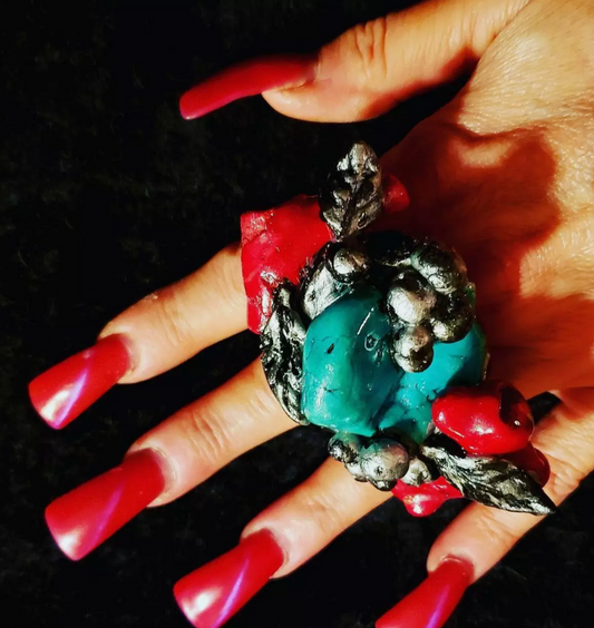 Magnesite & Red Coral Sculpted  Western Style Adjustable Ring - Faux Turquoise & Coral Leaf and Berry Oversized Unisex Statement Ring - Kat Kouture Jewelry