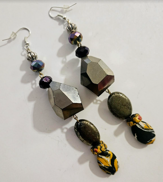 Mixed Media Glass Gemstone & Crystal Shoulder Dusters - Pewter Colored Long Beaded Dangle Pierced Earrings - Kat Kouture Jewelry