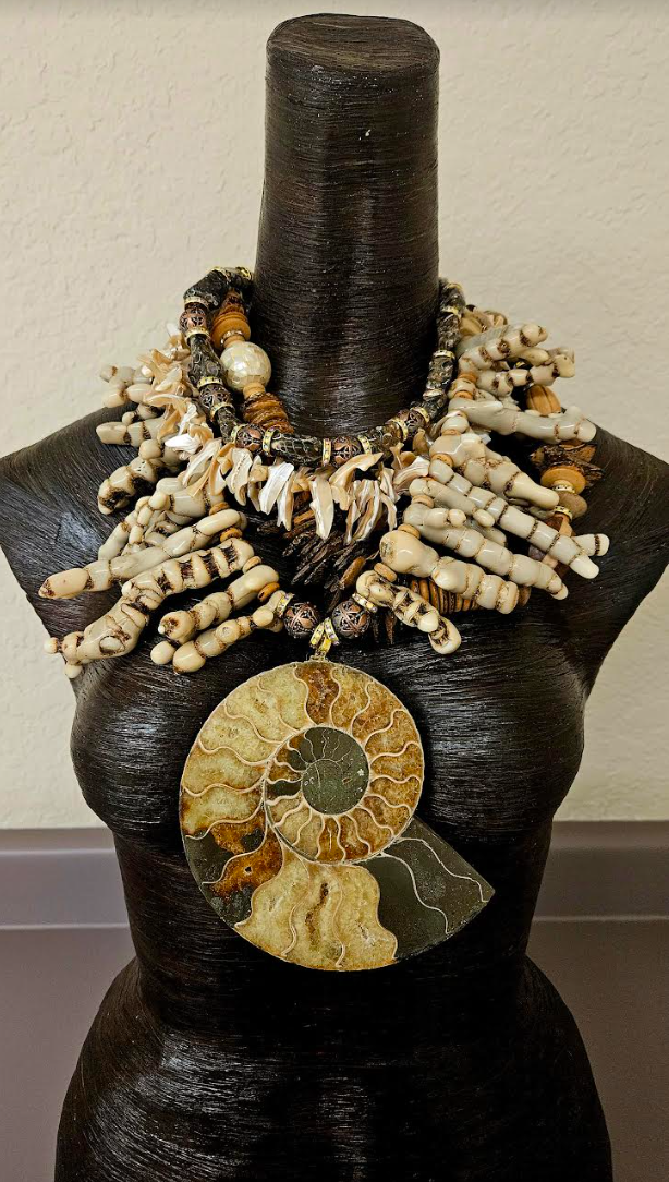 Earth Tone Coral Shell Wood and Fossil Haute Couture Chest Piece - Ammonite Pendant & Mixed Media Sea Gems Statement Necklace - OOAK Wearable Art from Kat Kouture Jewelry - Met Gala Worthy Accessories for Wealthy Women