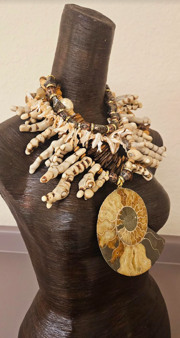 Earth Tone Coral Shell Wood and Fossil Haute Couture Chest Piece - Ammonite Pendant & Mixed Media Sea Gems Statement Necklace - OOAK Wearable Art from Kat Kouture Jewelry - Met Gala Worthy Accessories for Wealthy Women