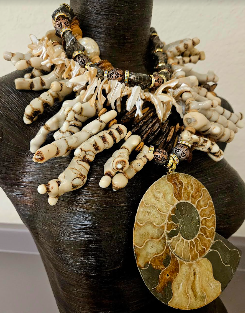 Earth Tone Coral Shell Wood and Fossil Haute Couture Chest Piece - Ammonite Pendant & Mixed Media Sea Gems Statement Necklace - OOAK Wearable Art from Kat Kouture Jewelry - Met Gala Worthy Accessories for Wealthy Women