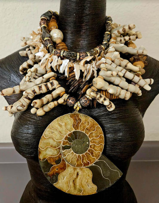 Earth Tone Coral Shell Wood and Fossil Haute Couture Chest Piece - Ammonite Pendant & Mixed Media Sea Gems Statement Necklace - OOAK Wearable Art from Kat Kouture Jewelry - Met Gala Worthy Accessories for Wealthy Women