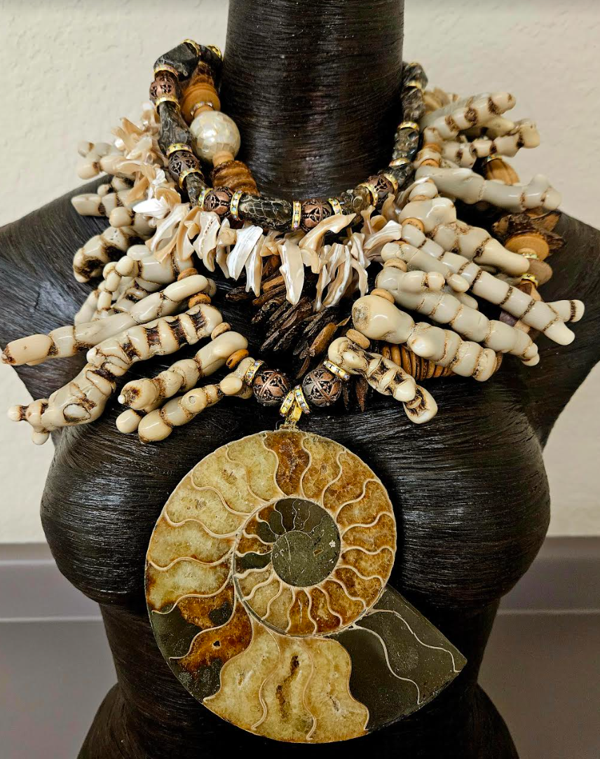 Earth Tone Coral Shell Wood and Fossil Haute Couture Chest Piece - Ammonite Pendant & Mixed Media Sea Gems Statement Necklace - OOAK Wearable Art from Kat Kouture Jewelry - Met Gala Worthy Accessories for Wealthy Women