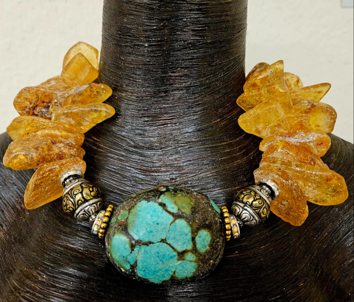 Mexican Amber and Turquoise Luxury Stretch Bracelet - High End Haute Couture Gemstone Wrist Candy - Kat Kouture Jewelry