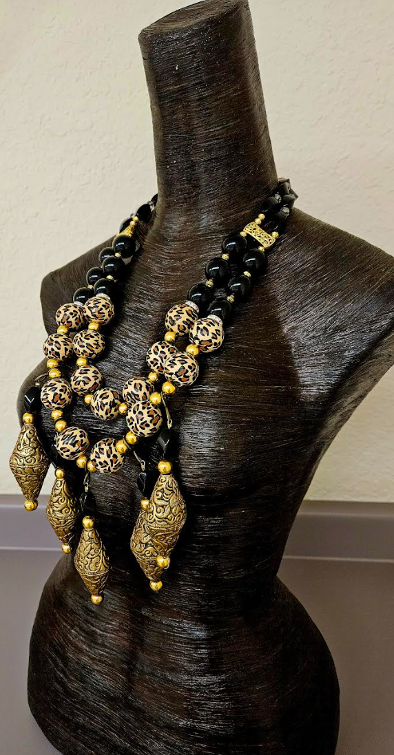 Black Onyx Leopard & Tibetan Brass Repousse Luxury Beaded Chest Piece - Elegant Posh and Rich High End Statement Necklace - Black Gold and Leopard Artisan Breast Plate - Kat Kouture Jewelry