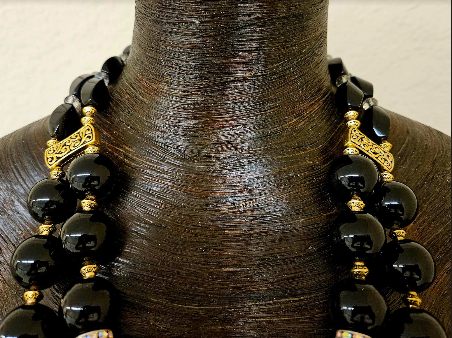 Black Onyx Leopard & Tibetan Brass Repousse Luxury Beaded Chest Piece - Elegant Posh and Rich High End Statement Necklace - Black Gold and Leopard Artisan Breast Plate - Kat Kouture Jewelry