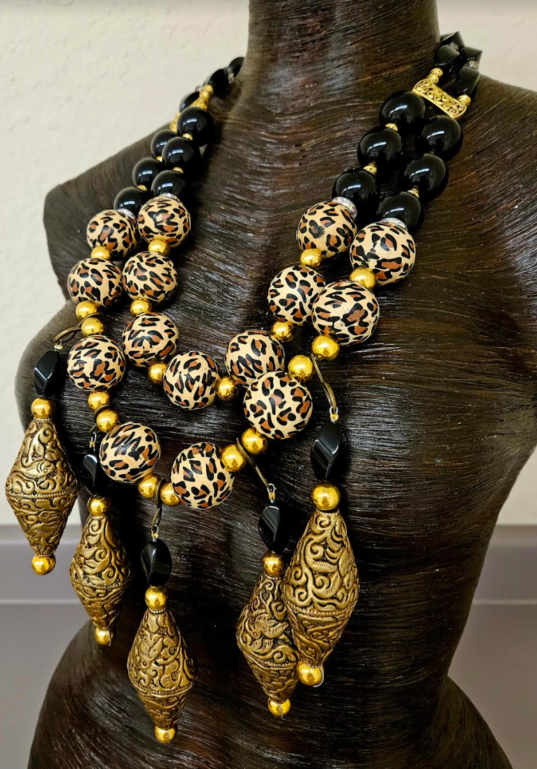 Black Onyx Leopard & Tibetan Brass Repousse Luxury Beaded Chest Piece - Elegant Posh and Rich High End Statement Necklace - Black Gold and Leopard Artisan Breast Plate - Kat Kouture Jewelry