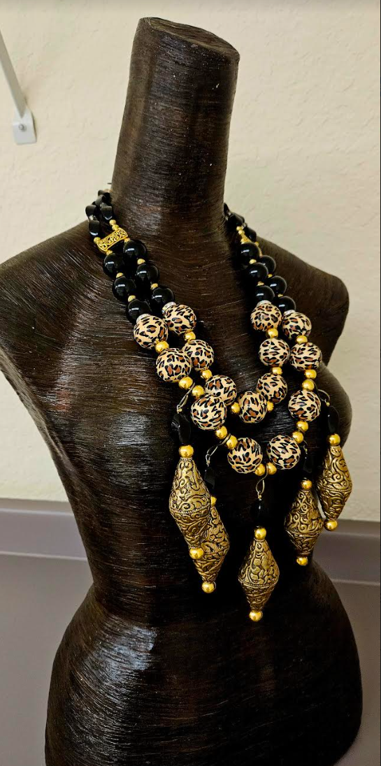 Black Onyx Leopard & Tibetan Brass Repousse Luxury Beaded Chest Piece - Elegant Posh and Rich High End Statement Necklace - Black Gold and Leopard Artisan Breast Plate - Kat Kouture Jewelry