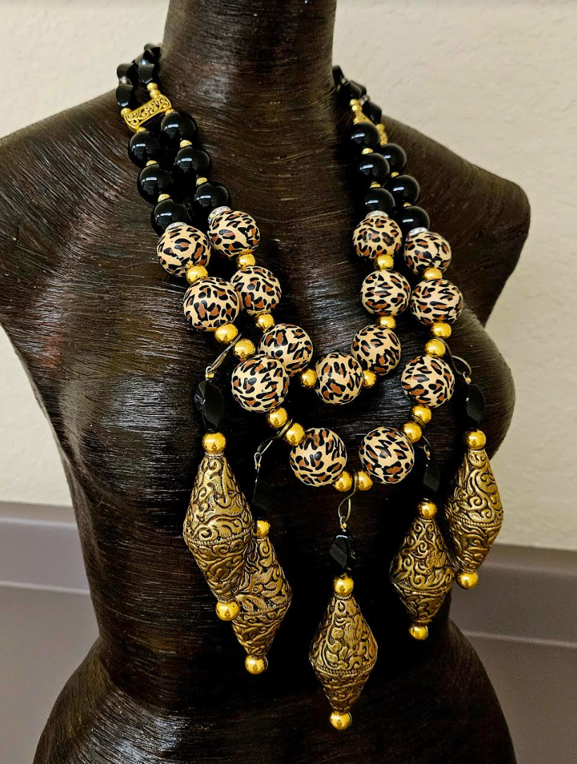 Black Onyx Leopard & Tibetan Brass Repousse Luxury Beaded Chest Piece - Elegant Posh and Rich High End Statement Necklace - Black Gold and Leopard Artisan Breast Plate - Kat Kouture Jewelry