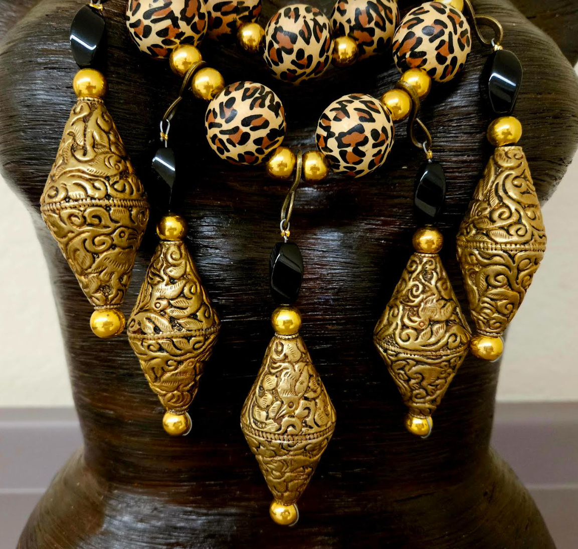 Black Onyx Leopard & Tibetan Brass Repousse Luxury Beaded Chest Piece - Elegant Posh and Rich High End Statement Necklace - Black Gold and Leopard Artisan Breast Plate - Kat Kouture Jewelry