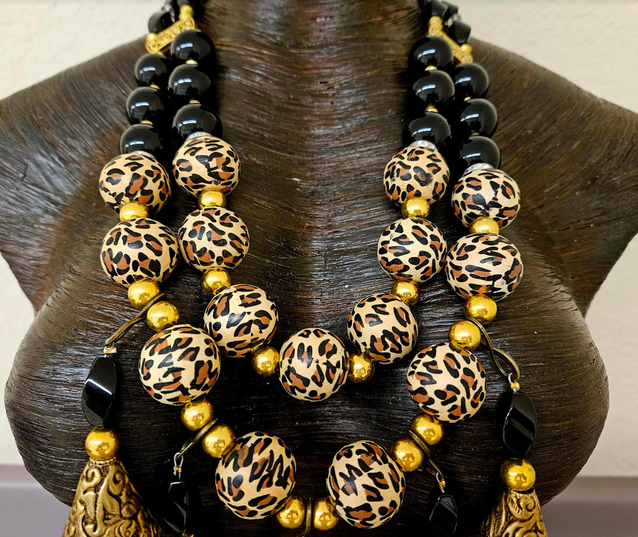 Black Onyx Leopard & Tibetan Brass Repousse Luxury Beaded Chest Piece - Elegant Posh and Rich High End Statement Necklace - Black Gold and Leopard Artisan Breast Plate - Kat Kouture Jewelry