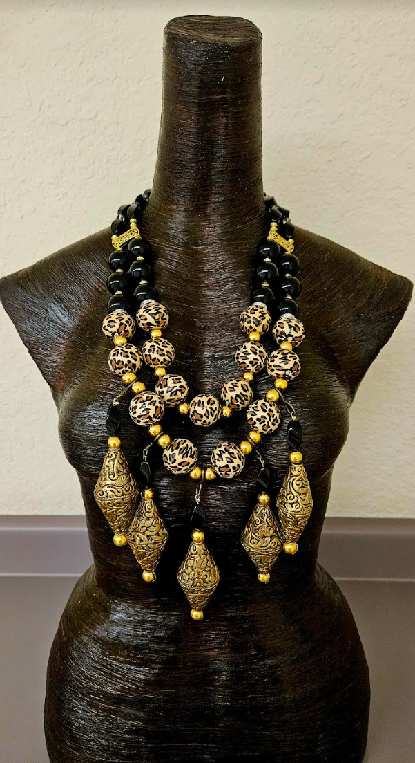 Black Onyx Leopard & Tibetan Brass Repousse Luxury Beaded Chest Piece - Elegant Posh and Rich High End Statement Necklace - Black Gold and Leopard Artisan Breast Plate - Kat Kouture Jewelry