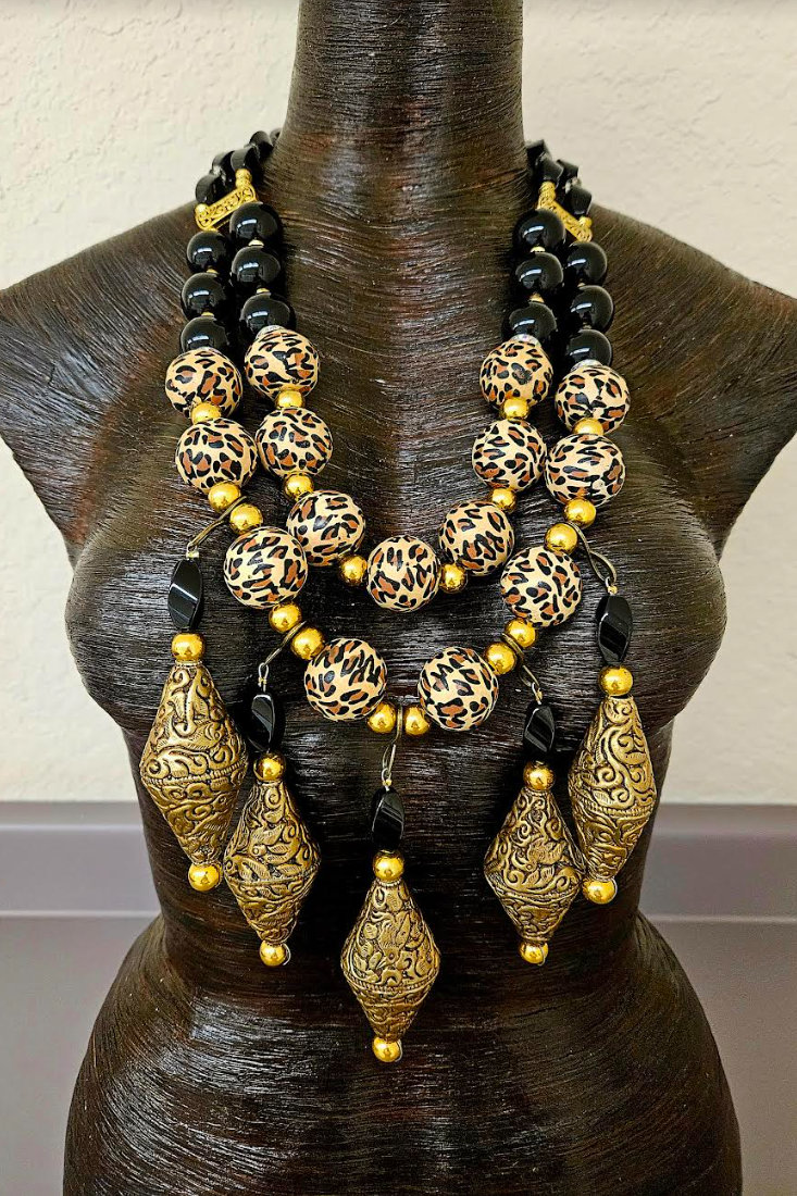 Black Onyx Leopard & Tibetan Brass Repousse Luxury Beaded Chest Piece - Elegant Posh and Rich High End Statement Necklace - Black Gold and Leopard Artisan Breast Plate - Kat Kouture Jewelry