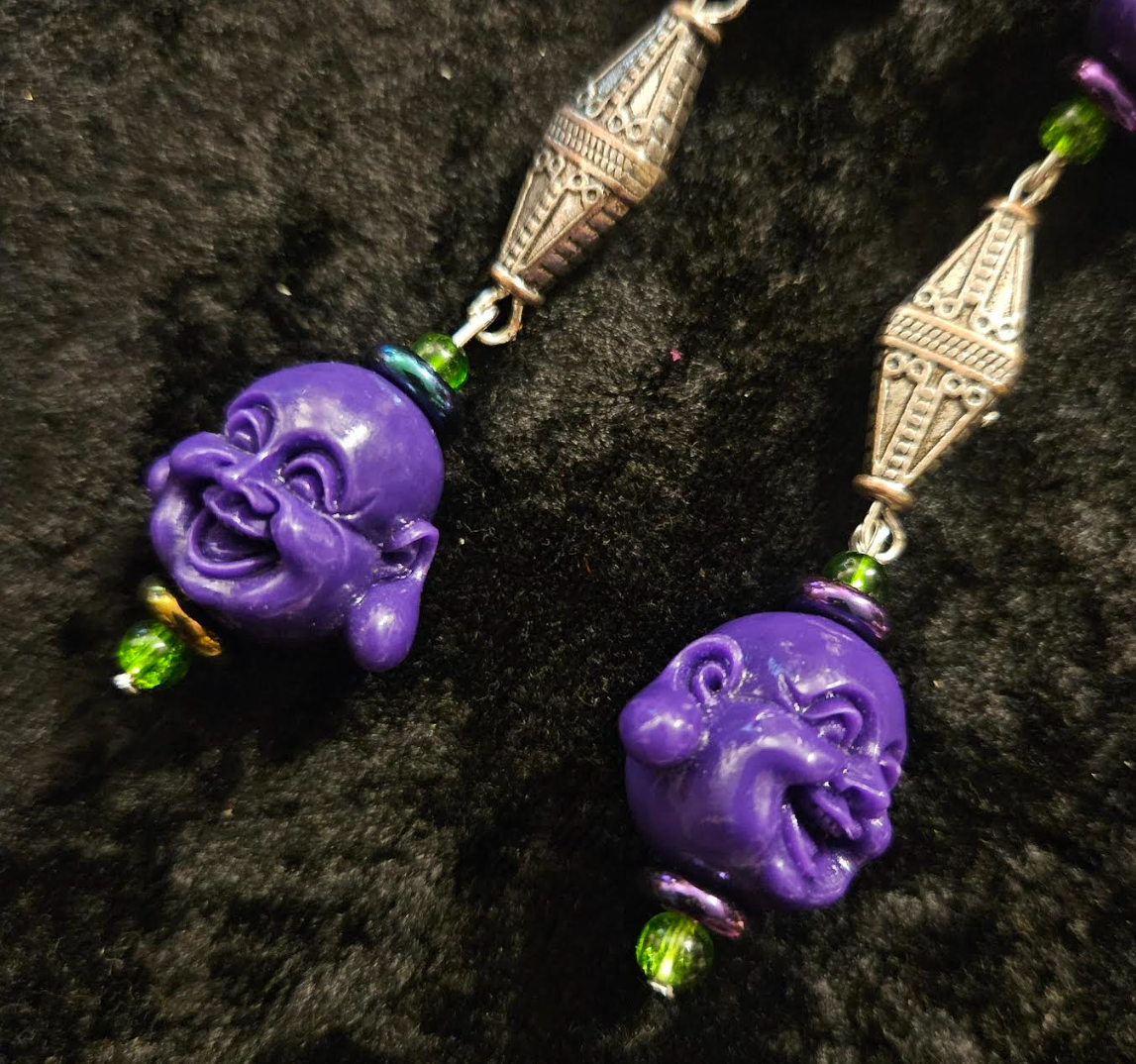 Purple Buddha Shoulder Duster Earrings - Tibetan God Whimsical Long Pierced Earrings - Eccentric Ear Candy - Kat Kouture Jewelry