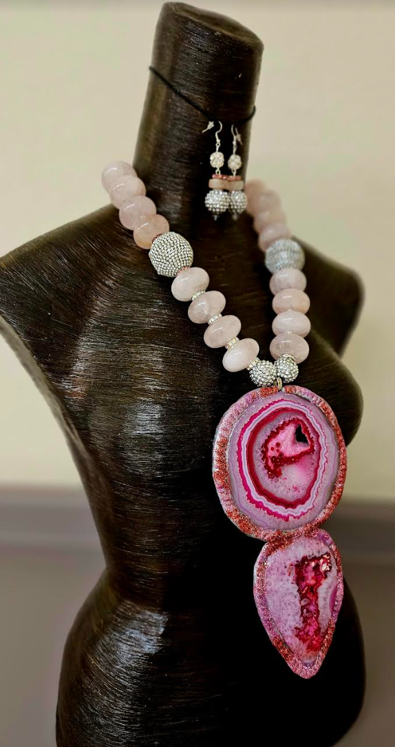 Hot Pink Sculpted Agate Totem Chest Piece - Bold & Chunky Rose Quartz Rondelle & Rhinestone Statement Necklace - Kat Kouture Jewelry