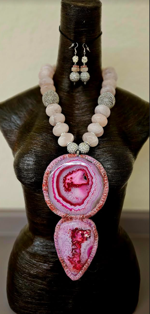 Hot Pink Sculpted Agate Totem Chest Piece - Bold & Chunky Rose Quartz Rondelle & Rhinestone Statement Necklace - Kat Kouture Jewelry