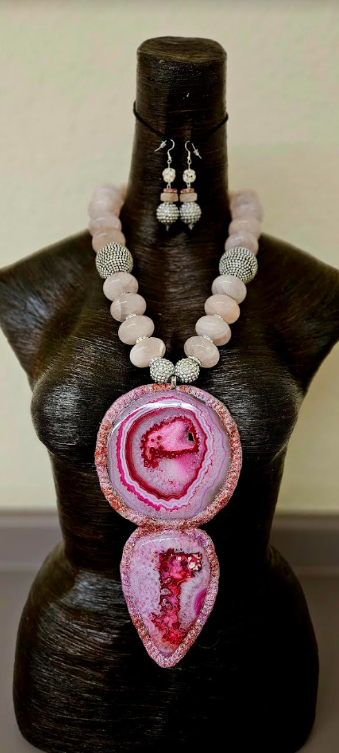 Hot Pink Sculpted Agate Totem Chest Piece - Bold & Chunky Rose Quartz Rondelle & Rhinestone Statement Necklace - Kat Kouture Jewelry