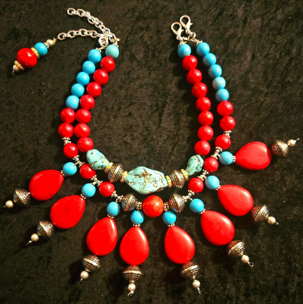 Red Teardrop Dangle Southwestern Style Necklace Set - Red Blue & Silver Beaded Chest Piece Set Petite Women  - Jeans Accessories - Kat Kouture Jewelry