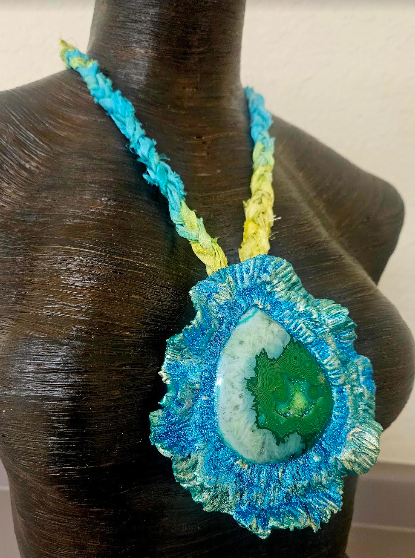 Emerald Green Druzy Agate Sculpted Pendant with Sari Silk Braid Necklace - Teal and Green Artisan Amulet - Kat Kouture Jewelry