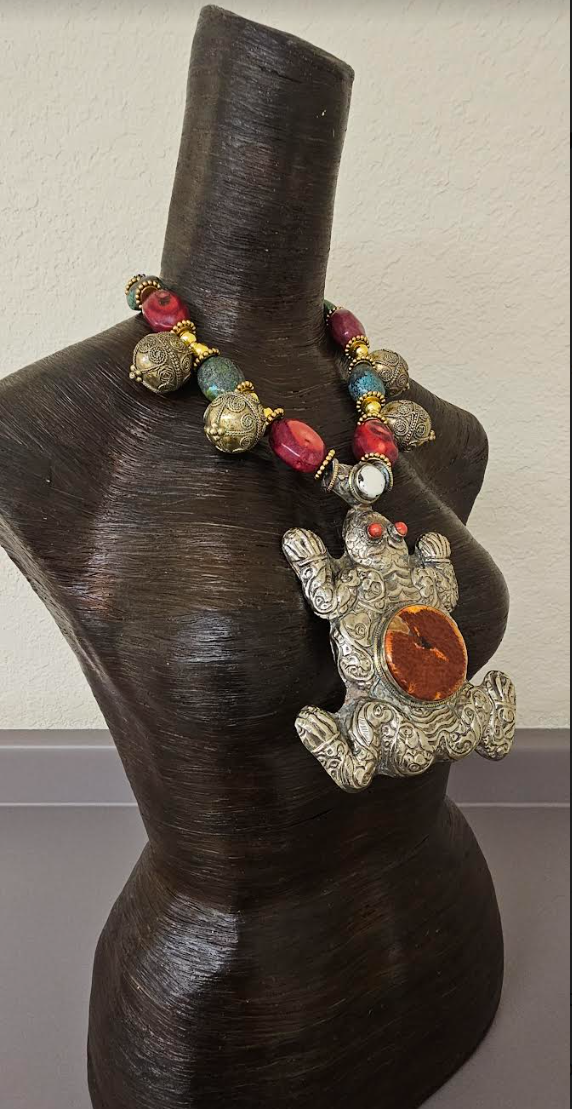 Big Tibetan Repousse Frog Statement Pendant - Exotic Luxury Coral Turquoise & Ethnic Beaded Tribal Necklace -  Iris Apfel Haute Couture Styled Jewelry - Kat Kouture Jewelry