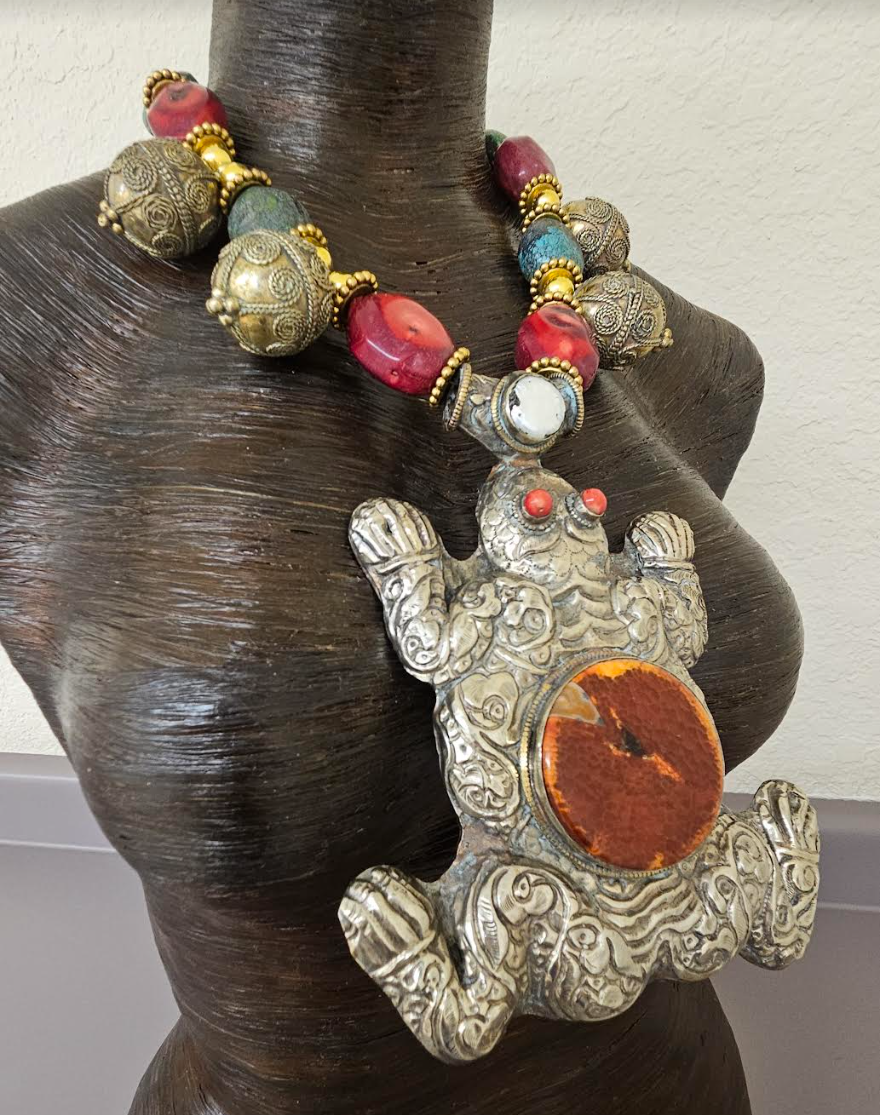 Big Tibetan Repousse Frog Statement Pendant - Exotic Luxury Coral Turquoise & Ethnic Beaded Tribal Necklace -  Iris Apfel Haute Couture Styled Jewelry - Kat Kouture Jewelry