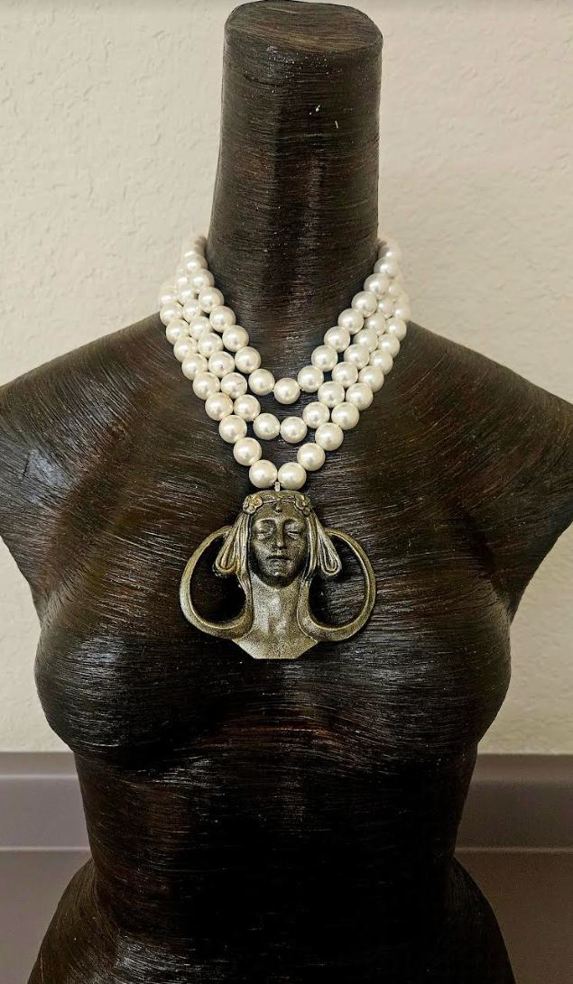 Art nouveau Goddess Pendant with Multi Strand Faux Pearl Necklace - Showstopper Mucha-like Woman Chest Piece - Kat Kouture Jewelry