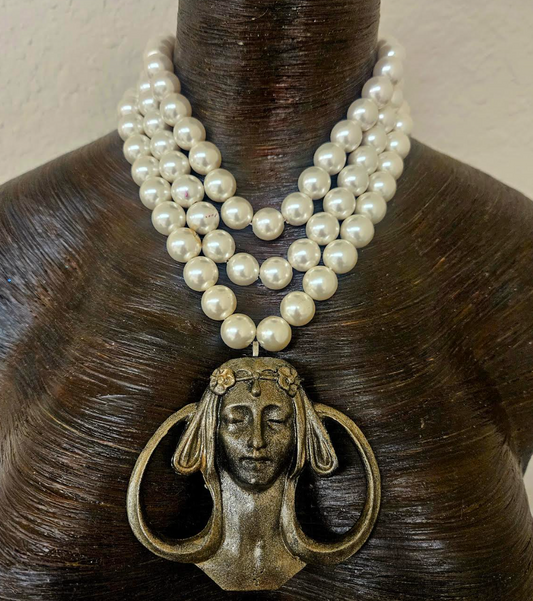 Art nouveau Goddess Pendant with Multi Strand Faux Pearl Necklace - Showstopper Mucha-like Woman Chest Piece - Kat Kouture Jewelry