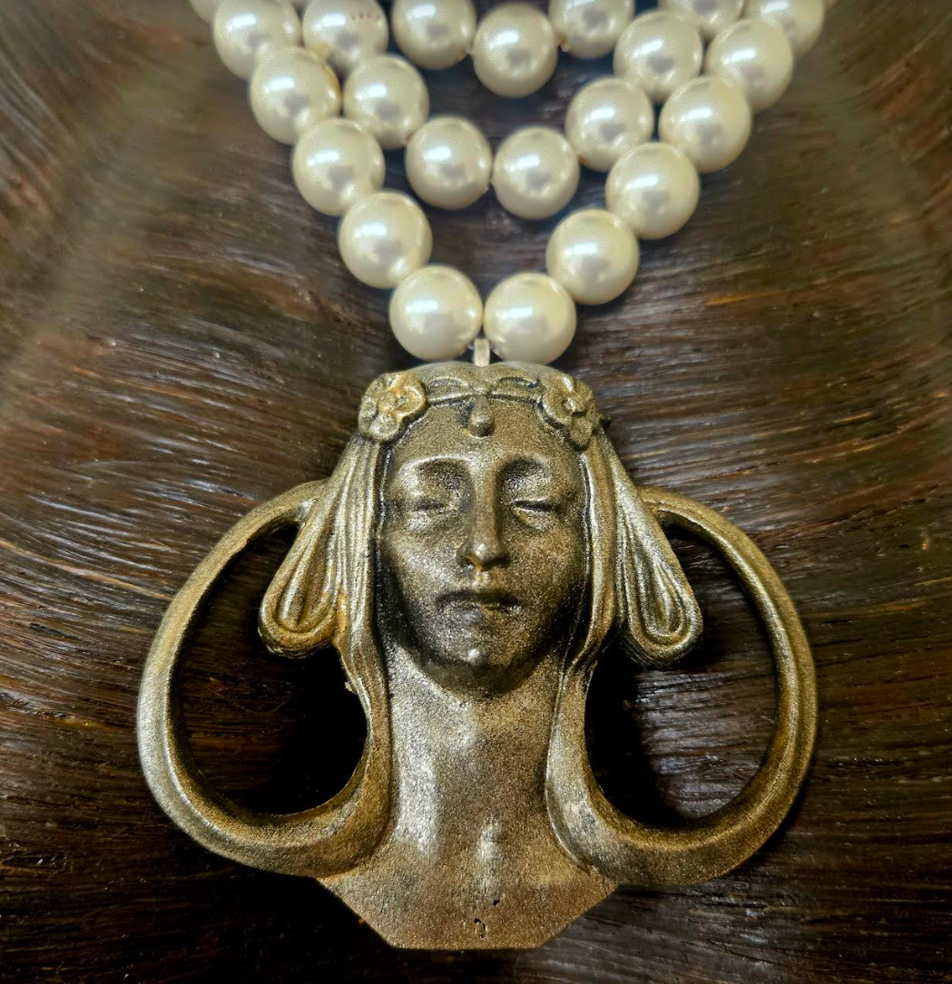 Art nouveau Goddess Pendant with Multi Strand Faux Pearl Necklace - Showstopper Mucha-like Woman Chest Piece - Kat Kouture Jewelry