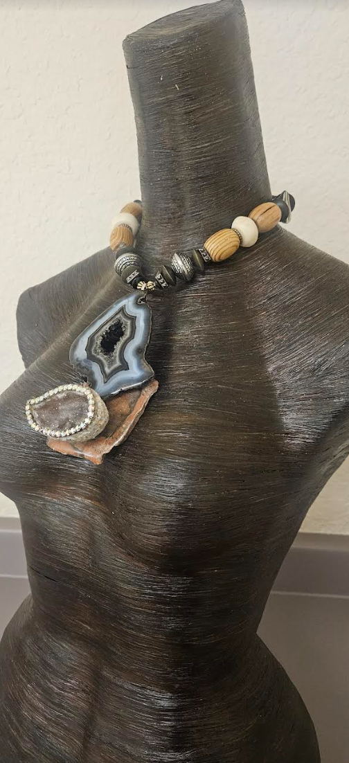 Earth Tone Druzy Agate Jasper & Rhinestone Geode Pendant - Mixed Media Autumn Artisan Beaded Necklace - Kat Kouture Jewelry