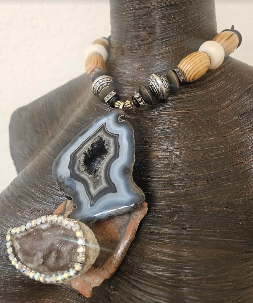 Earth Tone Druzy Agate Jasper & Rhinestone Geode Pendant - Mixed Media Autumn Artisan Beaded Necklace - Kat Kouture Jewelry