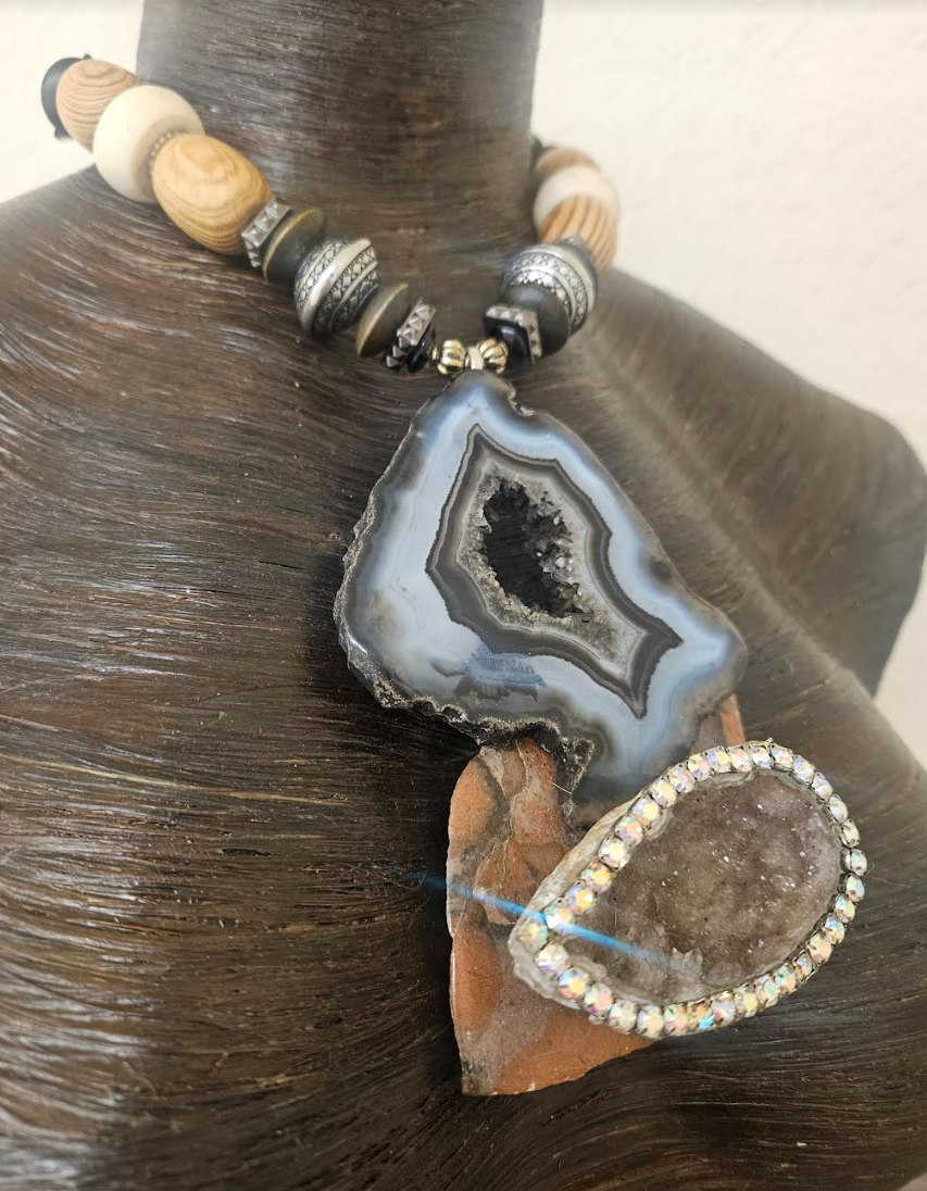 Earth Tone Druzy Agate Jasper & Rhinestone Geode Pendant - Mixed Media Autumn Artisan Beaded Necklace - Kat Kouture Jewelry