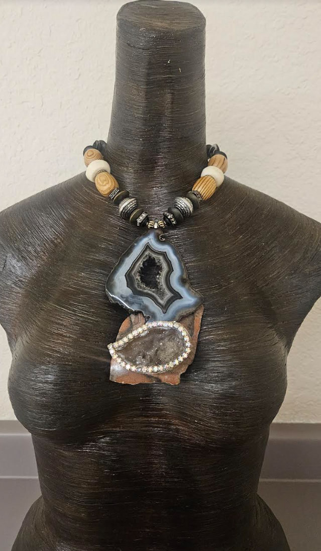 Earth Tone Druzy Agate Jasper & Rhinestone Geode Pendant - Mixed Media Autumn Artisan Beaded Necklace - Kat Kouture Jewelry