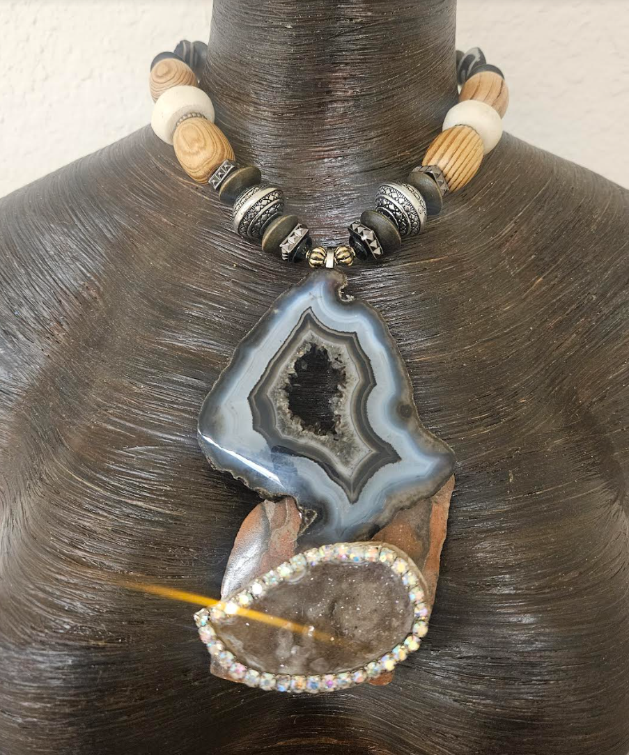 Earth Tone Druzy Agate Jasper & Rhinestone Geode Pendant - Mixed Media Autumn Artisan Beaded Necklace - Kat Kouture Jewelry