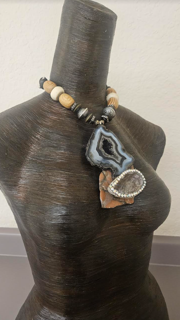 Earth Tone Druzy Agate Jasper & Rhinestone Geode Pendant - Mixed Media Autumn Artisan Beaded Necklace - Kat Kouture Jewelry