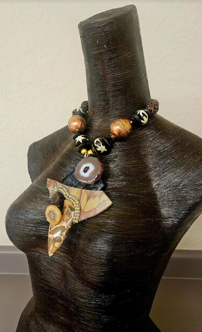 African Inspired Earth Tone Beaded Necklace with Mixed Gemstone Pendant - Avant Garde Artisan Stone Chest Piece - Kat Kouture Jewelry