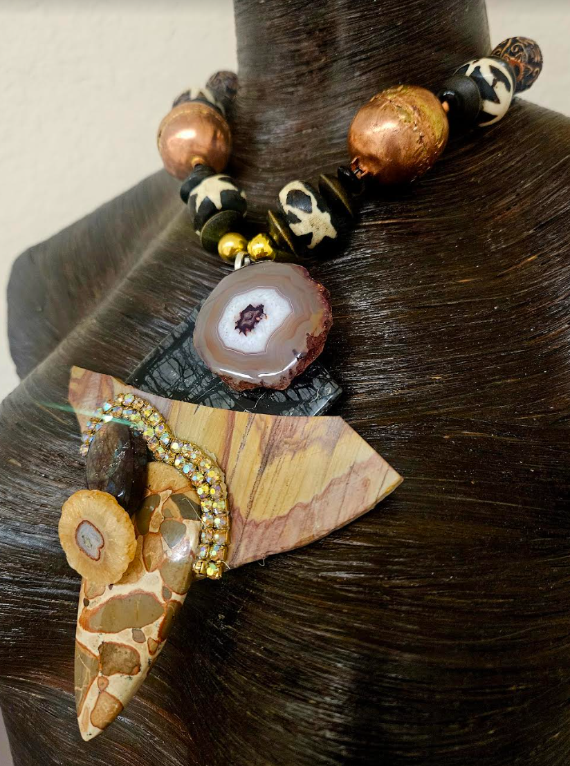 African Inspired Earth Tone Beaded Necklace with Mixed Gemstone Pendant - Avant Garde Artisan Stone Chest Piece - Kat Kouture Jewelry