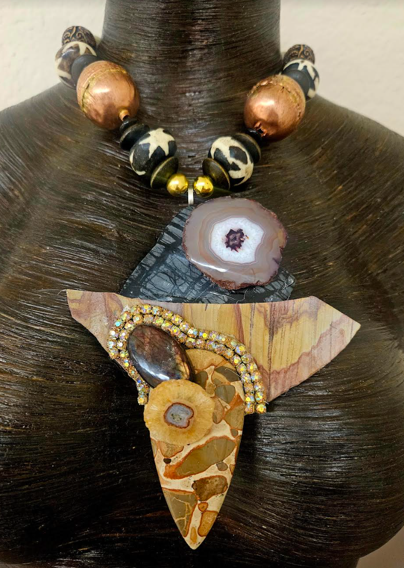 African Inspired Earth Tone Beaded Necklace with Mixed Gemstone Pendant - Avant Garde Artisan Stone Chest Piece - Kat Kouture Jewelry