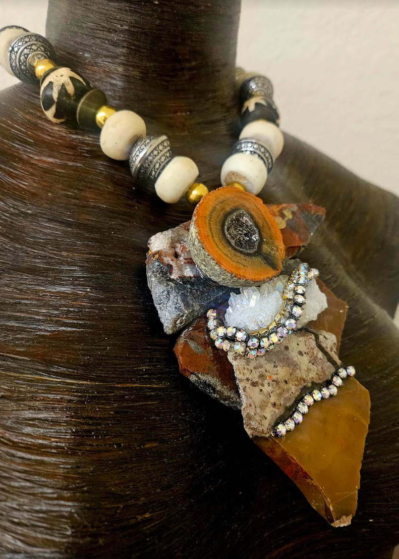 Jasper Quartz and Agate Avant Garde Gemstone Slab Pendant with Earth Tone Necklace - OOAK Wearable Art Autumn Neck Candy - Kat Kouture Jewelry