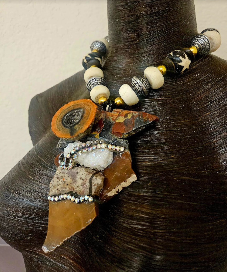 Jasper Quartz and Agate Avant Garde Gemstone Slab Pendant with Earth Tone Necklace - OOAK Wearable Art Autumn Neck Candy - Kat Kouture Jewelry