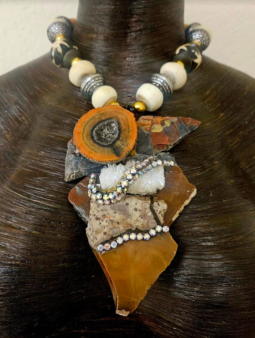 Jasper Quartz and Agate Avant Garde Gemstone Slab Pendant with Earth Tone Necklace - OOAK Wearable Art Autumn Neck Candy - Kat Kouture Jewelry