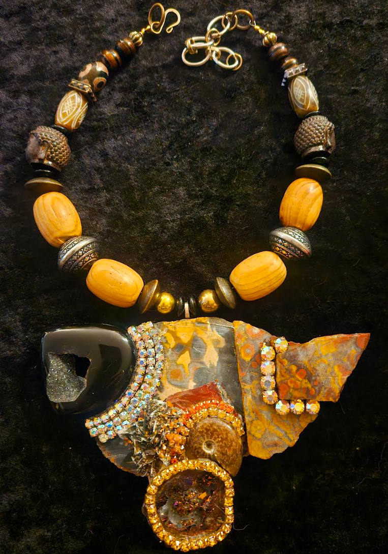 Earthy Mixed Gemstone Jasper Slab Chest Piece - Rustic Autumn Bead & Gemstone Statement Necklace Pendant - Kat Kouture Jewelry