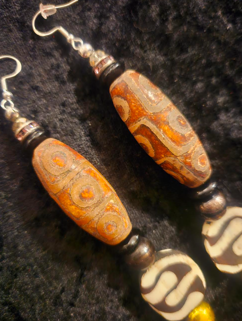 Exotic Tribal Earth Tone Beaded Shoulder Dusters - Batik Bone & Dzi Ethnic Pierced Earrings - African Long Dangle Ear Candy - Kat Kouture Jewelry