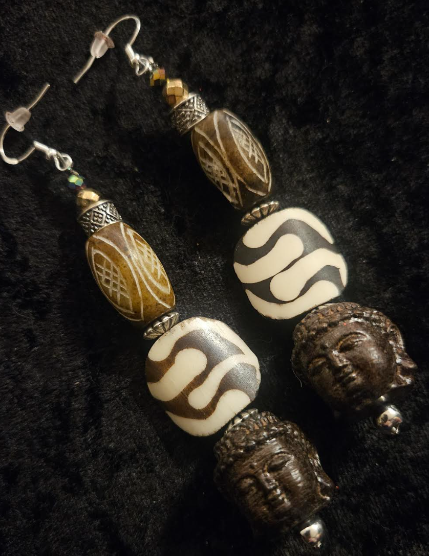 Brown and Cream Tribal Beaded Buddha Shoulder Dusters - African Tibetan Extra Long Dangle Ear Candy - Kat Kouture Jewelry