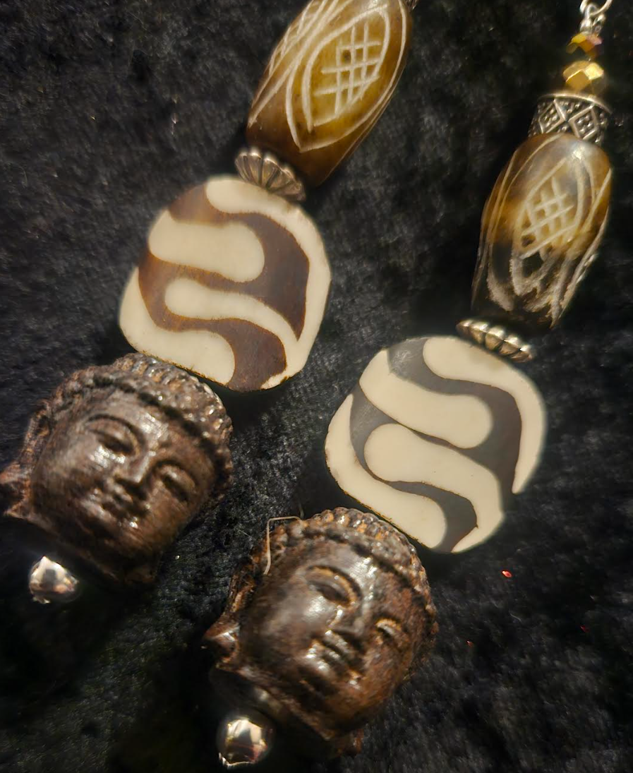 Brown and Cream Tribal Beaded Buddha Shoulder Dusters - African Tibetan Extra Long Dangle Ear Candy - Kat Kouture Jewelry