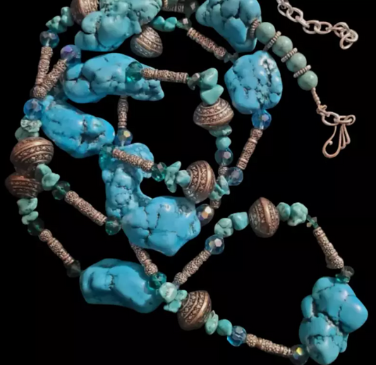 Blue Magnesite Nugget Western Style Long Rope Necklace - Faux Turquoise
