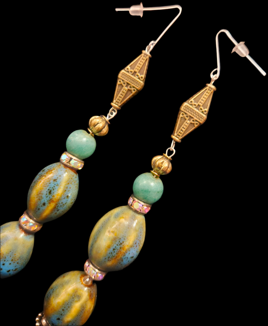 Olivine Blue Green & Yellow Porcelain Beaded Shoulder Dusters - Exotic Extra Long Pierced Earrings - Kat Kouture Jewelry