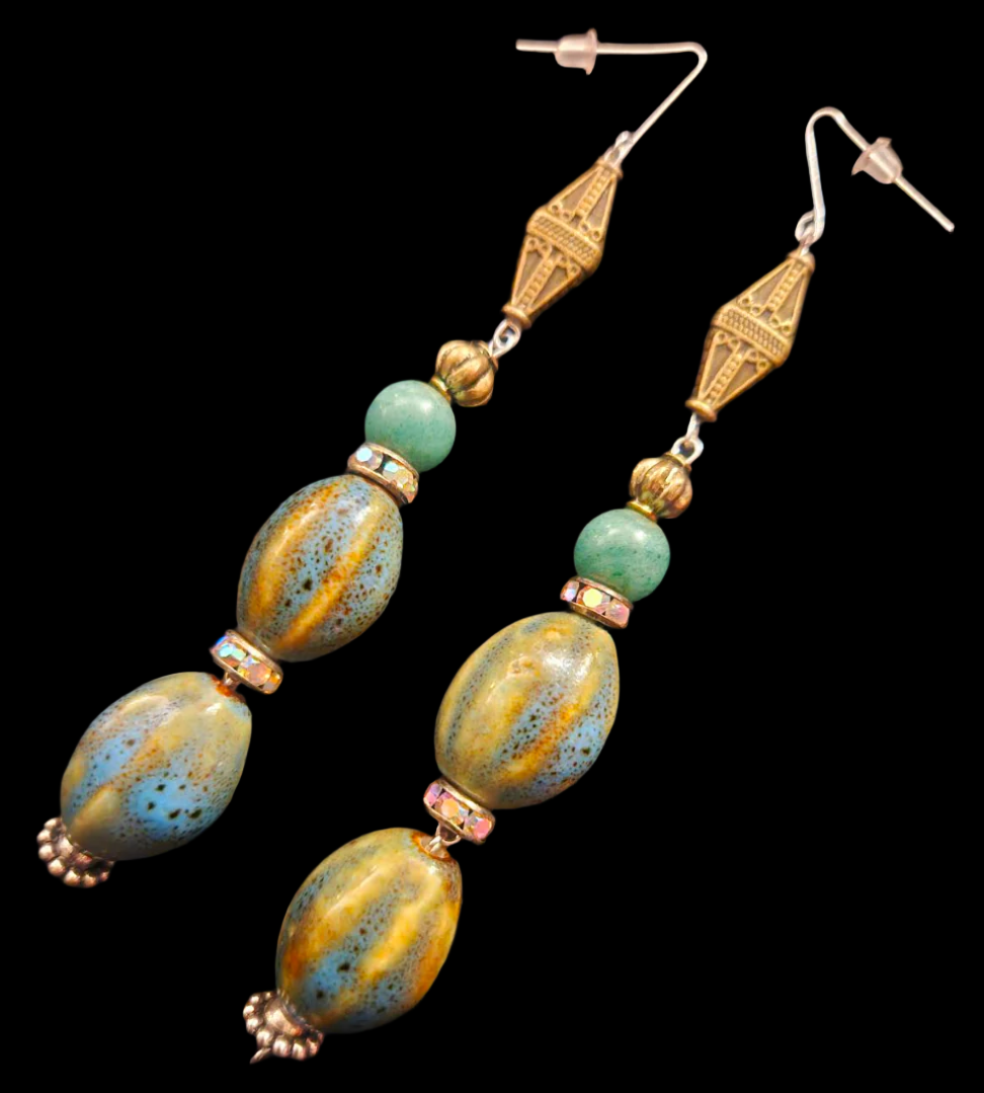 Olivine Blue Green & Yellow Porcelain Beaded Shoulder Dusters - Exotic Extra Long Pierced Earrings - Kat Kouture Jewelry